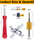 All In One Tire Valve Repair Kit With 2 Stem Removal Tools, sizes of components and tools shown in inches