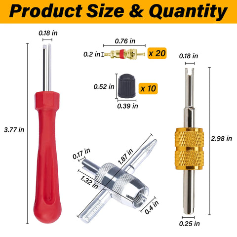 All In One Tire Valve Repair Kit With 2 Stem Removal Tools, sizes of components and tools shown in inches