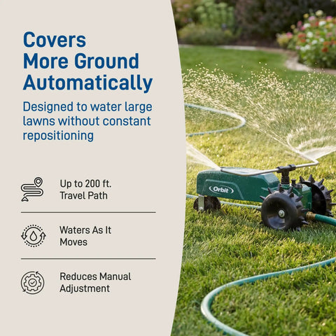 Self Propelled Traveling Sprinkler Delivers Hands Free Wide Lawn Coverage With A Rugged Cast Iron Body Adjustable Coverage Three Speed Settings And Automatic Shut Off For Bigger Lawns And No Fuss shown watering lawn with hose and features list.