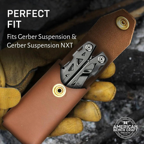 Tan Leather Multitool Holster For Suspension And Suspension NXT Belt Clip Pouch holding multitool, yellow gloves visible
