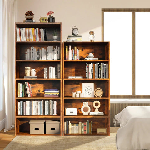 6 Tier Bookcase With Open Shelves 63 Inch Tall Rustic Brown Open Bookshelf For Living Room display filled with books and decor items