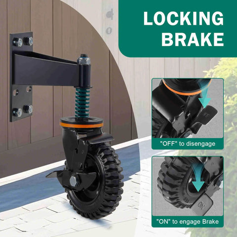 Beefy 6 Inch Gate Wheel With Brake for Sliding Farm Gates, heavy duty metal bracket, 360° swivel, all terrain rubber tire