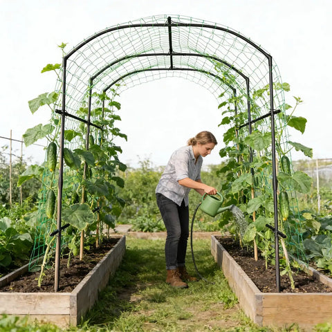 Woman tending plants under Metal Core Garden Arch Trellis For Climbing Plants Outdoor 87 Inch Tall 71 Inch Long 75 Inch Wide Archway Tunnel