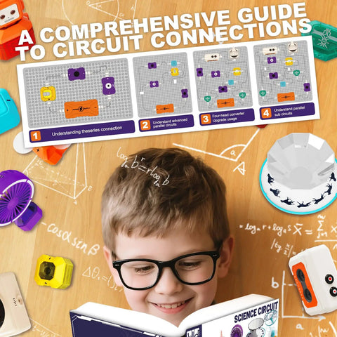 Child with glasses reading about Kids Electric Circuit Kit With 68 Pieces For Electronics Exploration, 450 Plus Projects.