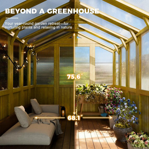 Interior view of Sturdy 6x8 Ft Wood Greenhouse Kit Outdoor Heavy Duty Walk In Polycarbonate Backyard Garden Greenhouse.