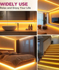 Warm White Cob LED Strip Light 2700K 10m Ultra Dense 5120 LEDs Per Roll 24V DC Seamless Glare Free Lighting 8mm Wide For Boss Level Homes And Offices Ra 90 Plus UL Listed Power Supply Sold Separately shown illuminating a modern bedroom, bathroom, and stairs.