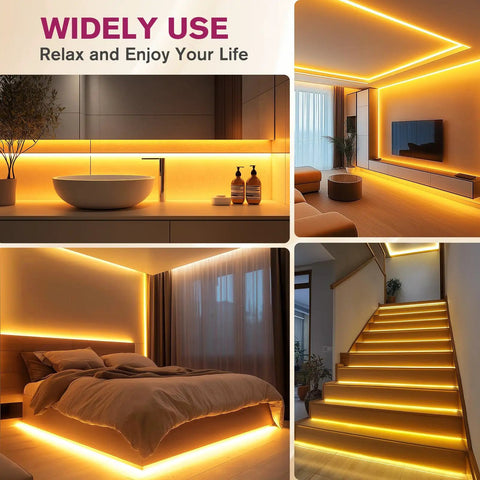 Warm White Cob LED Strip Light 2700K 10m Ultra Dense 5120 LEDs Per Roll 24V DC Seamless Glare Free Lighting 8mm Wide For Boss Level Homes And Offices Ra 90 Plus UL Listed Power Supply Sold Separately shown illuminating a modern bedroom, bathroom, and stairs.