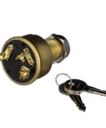 Beefy Three-Position Heavy Duty Boat Ignition Starter Switch With Brass Construction Fits Panels, shown with two keys.