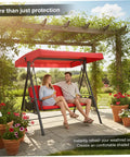 Couple sitting on swing under Red 75 By 47 Inch Heavy Duty Waterproof Outdoor Swing Canopy Cover With Side Grommets 210D Oxford Fabric Replacement For Patio Swings Two To Three Seater Easy Fit Weatherproof Durable