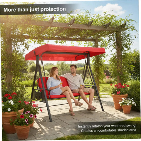 Couple sitting on swing under Red 75 By 47 Inch Heavy Duty Waterproof Outdoor Swing Canopy Cover With Side Grommets 210D Oxford Fabric Replacement For Patio Swings Two To Three Seater Easy Fit Weatherproof Durable