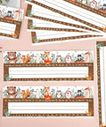 Set Of 50 Woodland Friends Alphabet Name Tags With Adhesive Dots For Classrooms, 3.9 By 11.8 Inch, desk labels with animal art.
