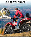 ATV with Rear Axle Track Assembly Kit 880mm 35 Inch installed, focusing on brake disc on hilly terrain.