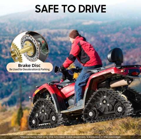 ATV with Rear Axle Track Assembly Kit 880mm 35 Inch installed, focusing on brake disc on hilly terrain.