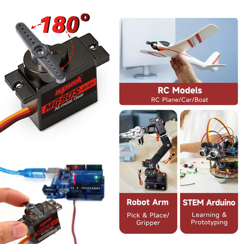 MG90S 9g Micro Servo Kit With Beefy Metal Gear 2.0 Kg Cm High Torque, 0.08 Sec Per 60 Degrees, 180 Degree Rotation, Drop In Replacement For SG90, Perfect For RC Planes, Arduino And Robotics, 12 Pack shown with RC plane, robot arm, and Arduino setup.