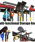 Multi-functional storage rack holding various tools and equipment, showcasing adjustable mounts and a sturdy support system.