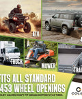 Collage showing ATV, 4x4, truck, mower, and trailer using Permanent Valve Stem Replacement Kit For Tubeless Tires, Heavy Duty Metal Emergency Valve Stems, Quick Install From Outside The Wheel, Made In USA With Quality 360 Brass Components, Fits Recessed Openings And Installs In About One Minute.