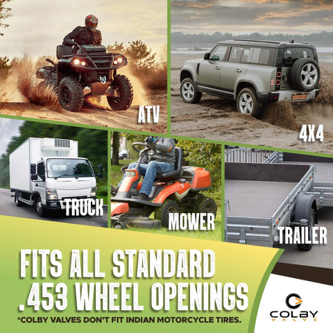 Collage showing ATV, 4x4, truck, mower, and trailer using Permanent Valve Stem Replacement Kit For Tubeless Tires, Heavy Duty Metal Emergency Valve Stems, Quick Install From Outside The Wheel, Made In USA With Quality 360 Brass Components, Fits Recessed Openings And Installs In About One Minute.
