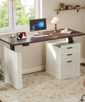 55 Inch Electric Standing Desk Farmhouse Style Sit Stand Workstation Featuring Smooth Silent Motors Roll Out File Cabinet And Expanded Wood Surface Home Office Flex Boss Ready Daily Grind Setup with walnut finish and storage.