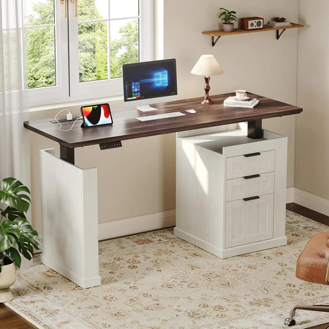 55 Inch Electric Standing Desk Farmhouse Style Sit Stand Workstation Featuring Smooth Silent Motors Roll Out File Cabinet And Expanded Wood Surface Home Office Flex Boss Ready Daily Grind Setup with walnut finish and storage.
