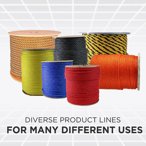 Various spools of rope including Twisted 3-Strand Black Polypropylene Rope 1 Inch By 100 Feet Heavy Duty Go-To Lightweight Synthetic Cord