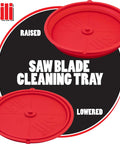 Collapsible Silicone Saw Blade Cleaning Tray For Holding Cleaning Solution ideal for saw blades up to 12 inches, shown raised and lowered