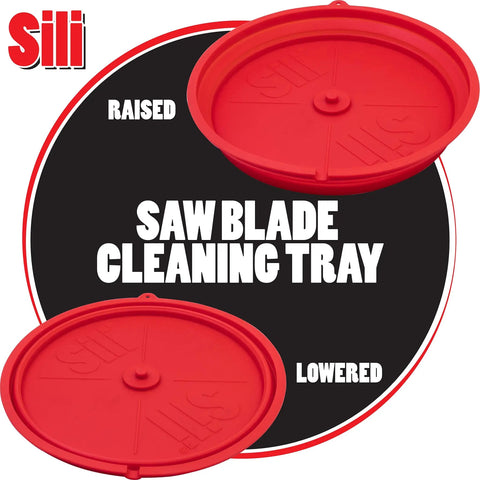 Collapsible Silicone Saw Blade Cleaning Tray For Holding Cleaning Solution ideal for saw blades up to 12 inches, shown raised and lowered