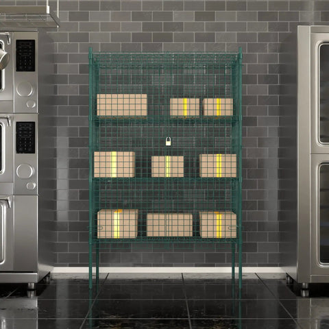 Built Tough Green Epoxy Wire Mesh Security Cage Kit With Heavy Duty NSF Listing For Commercial Walk Ins And Restaurants, 24 By 48 By 74 Inches displaying secured boxes.