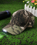 Rechargeable LED Baseball Cap With USB Cable And Battery, Five LED Lights Built In, camouflage cap on grass background