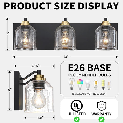 24 Inch Vanity Light With Black And Gold Finish, Three Light Over Mirror Bathroom Fixture With Clear Glass Shade, Modern Brushed Wall Sconce For Dressing Room And Hallway, Lit And Stylish
