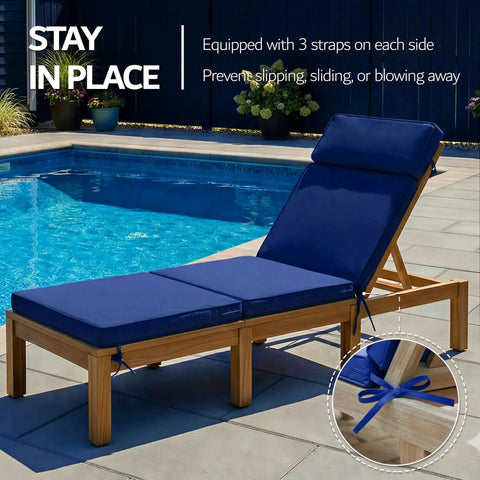 72 x 21 Inch Outdoor Chaise Lounge Cushions Set of 2 With Removable Covers 4-Section Design Water Repellent And Fade Resistant 6 Tie Straps Replacement For Patio And Pool Chairs In Navy shown by poolside