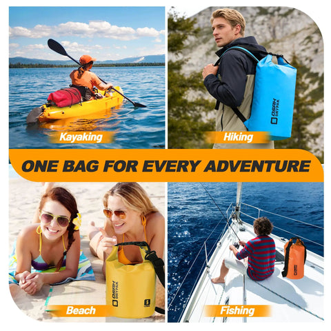 Floating Waterproof Dry Bag With Roll Top Seal And Free Phone Case used for kayaking, hiking, beach trips, and fishing.