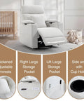 Beige 360 Degree Swivel Rocker Recliner Chair With Adjustable Armrests, Headrest, Storage, and Cup Holder in a nursery setting.