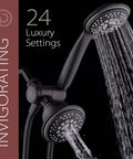 Handheld And Rain Shower Combo With 4 Inch Face High Pressure 24 Function Patterns Dual 2 In 1 Shower Head System in use.
