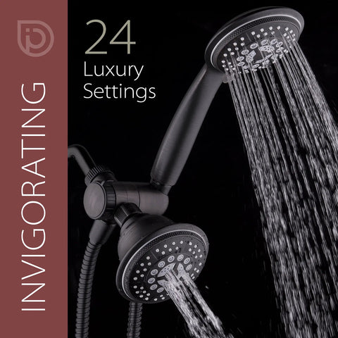 Handheld And Rain Shower Combo With 4 Inch Face High Pressure 24 Function Patterns Dual 2 In 1 Shower Head System in use.