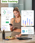 Woman using Smart Food Kitchen Scale With Nutrition Calculator, Color Display, Free App for meal prep and calorie tracking.