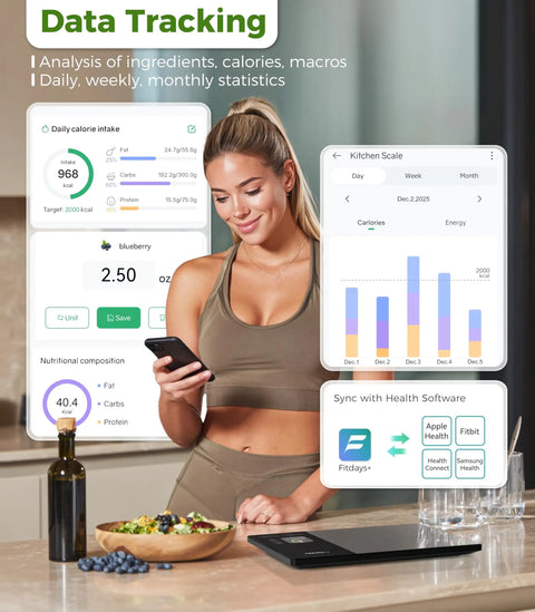 Woman using Smart Food Kitchen Scale With Nutrition Calculator, Color Display, Free App for meal prep and calorie tracking.