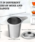 Extra Fine 18 8 Stainless Steel Tea Infuser Mesh Strainer with large capacity and double handles shown with size dimensions