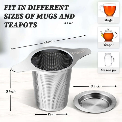 Extra Fine 18 8 Stainless Steel Tea Infuser Mesh Strainer with large capacity and double handles shown with size dimensions