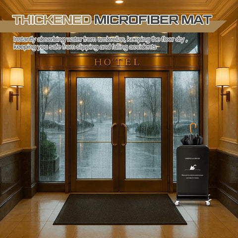 Heavy Duty Commercial Wet Umbrella Dryer With Rust Proof Finish And Removable Water Tray Plus Thick Absorbent Pads in hotel entrance.