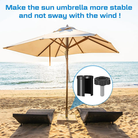 Patio Umbrella Replacement Parts Kit 6 Piece Set With Base Inserts Ring Plugs And Hand Knobs For 1.0, 1.3, 1.5 And 1.9 Inch Poles Parasol Base Stand Accessories For No Wobble Tight Fit And Stable Support shown on beach with umbrella.