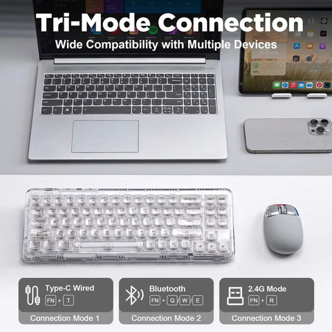 Compact Wireless Mechanical Keyboard Featuring Hot Swap Switches And Clear Caps For Streamlined Desk Setup showcasing tri-mode connection with devices.