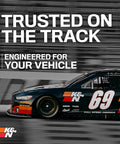 Racing car on track with K&N branding, emphasizing trusted performance. Subaru Compatible High Flow Engine Air Filter For 2003 To 2021 Models.