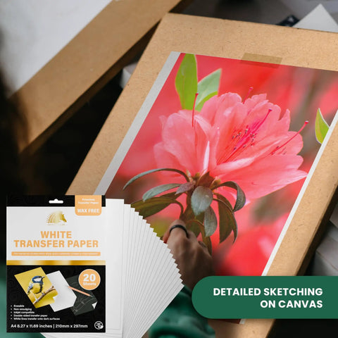 Graphite Transfer Paper Set For Artists And DIYers, 20 White Sheets, Wax Free And Erasable, displayed with floral artwork on canvas