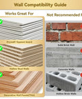 Wall compatibility guide showing drywall, hollow stud, and thin panels for self drilling drywall anchors; not for brick or concrete.