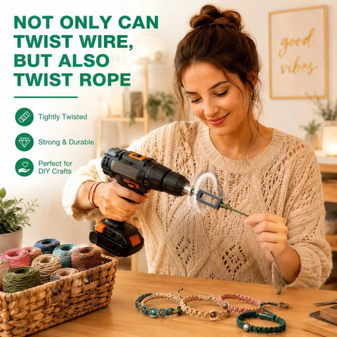 Woman using Super Heavy Duty Electric Drill Wire Twister Attachment For Fencing And Rebar Tying, twisting rope for crafts.
