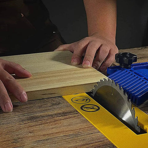 Built Like A Tank Table Saw Featherboard Adjustable Stackable Fence Jig T Slot T Rail Compatible Woodworking Safety Accessory in use with miter bar.