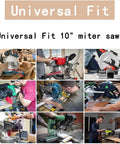 Collage of miter saws with Miter Saw Dust Hood With Led Light And Universal Fit For 10 And 12 Inch Saws, Storage Bag Included.