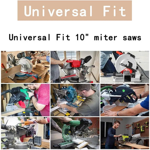 Collage of miter saws with Miter Saw Dust Hood With Led Light And Universal Fit For 10 And 12 Inch Saws, Storage Bag Included.