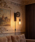 Retro Industrial Wall Sconce Set in Antique Brass Vintage Plug In Lantern Lights 2 Pack Metal Wall Lamps for Bedroom Living Room and Dining Easy Install with 70 Inch Cord and On Off Switch mounted in a vintage decor