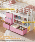 Low Loft Bed With Desk And Six Storage Drawers For Kids Space Saving Twin Loft Bed With Bookshelf LED Lights Under Bed Play Space Guardrail 13.8 Inches Inclined Ladder And Play Curtain Pink And White side view with storage